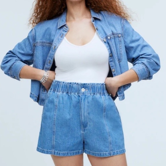 Madewell Denim Pull-On Paper-Bag Shorts in Bunten Wash Light Blue - Picture 1 of 12
